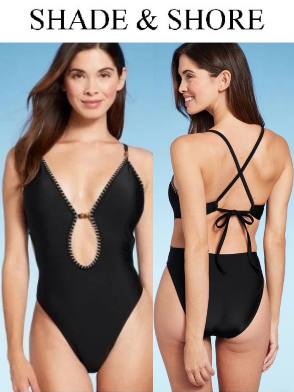 SHADE & SHORE BLACK PLUNGE ONE PIECE SWIMSUIT BEAD DETAIL CRISSCROSS BACK NWT